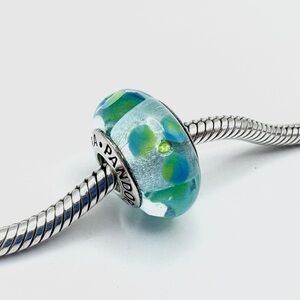 Pandora Clear Teal Flowers Murano Glass & Sterling Silver Charm